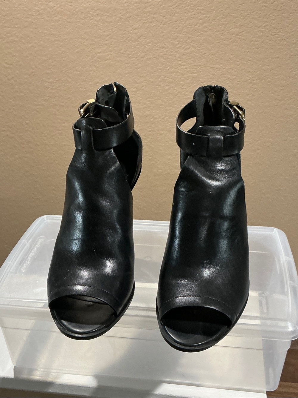 Marc Fisher Black Leather Open-Toe Ankle Booties with Buckle Strap